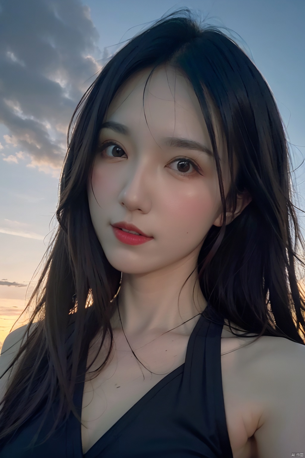  NSFW,Frontal photography,Look front,evening,dark clouds,the setting sun,On the city rooftop,A 20 year old female,Black top,Black Leggings,black hair,long hair, dark theme, muted tones, pastel colors, high contrast, (natural skin texture, A dim light, high clarity) ((sky background))((Facial highlights)), Light master, 1girl