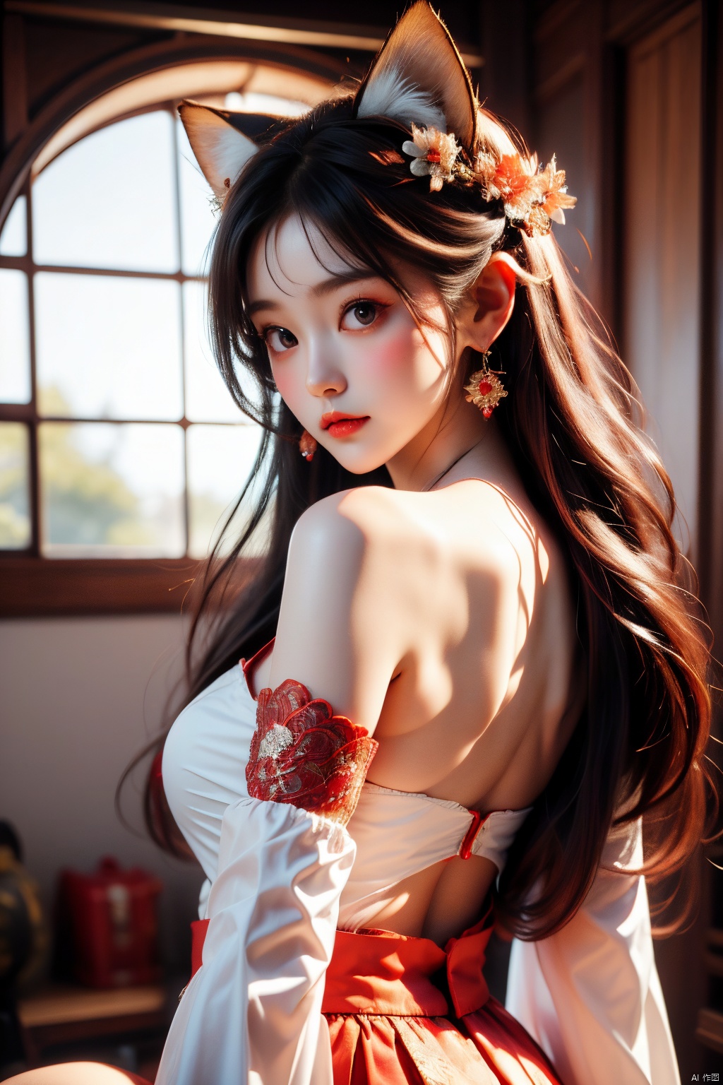  (masterpiece, best quality, best shadow,official art, correct body proportions, Ultra High Definition Picture,master composition),(best hands details:1.2), (backlight:1.2) , (bust), 
//////
1girl, (pinke hair,long hair),fox ears, hair ornament, earrings, purple eyes,bare shoulders, detached sleeves,wide sleeves, jewelry,sideboob,japaneseclothes, plump, sexy, front facing photo, facing the audience, 
//////
black background , backlight ,light, Japanese Shrine, Indoor, 
//////
1girl, masterpiece, yae miko, cute girl,女仆