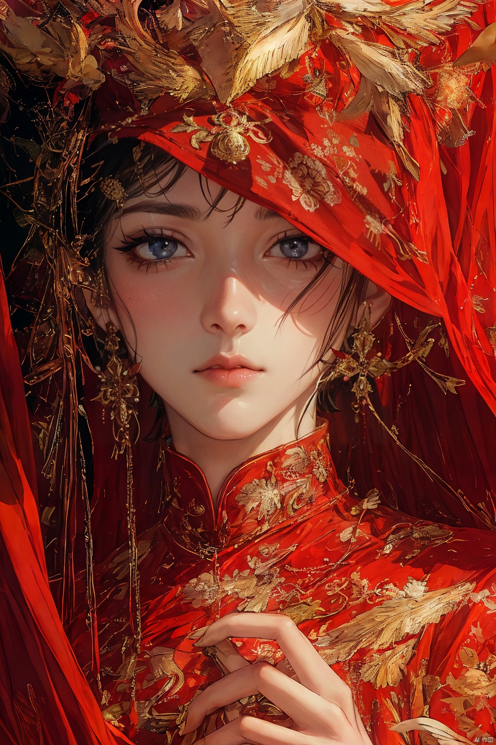1girl, solo, long hair, looking at viewer, brown hair, black hair, dress, brown eyes, jewelry, closed mouth, upper body, earrings, hand up, makeup, chinese clothes, red dress, portrait, red lips, red theme