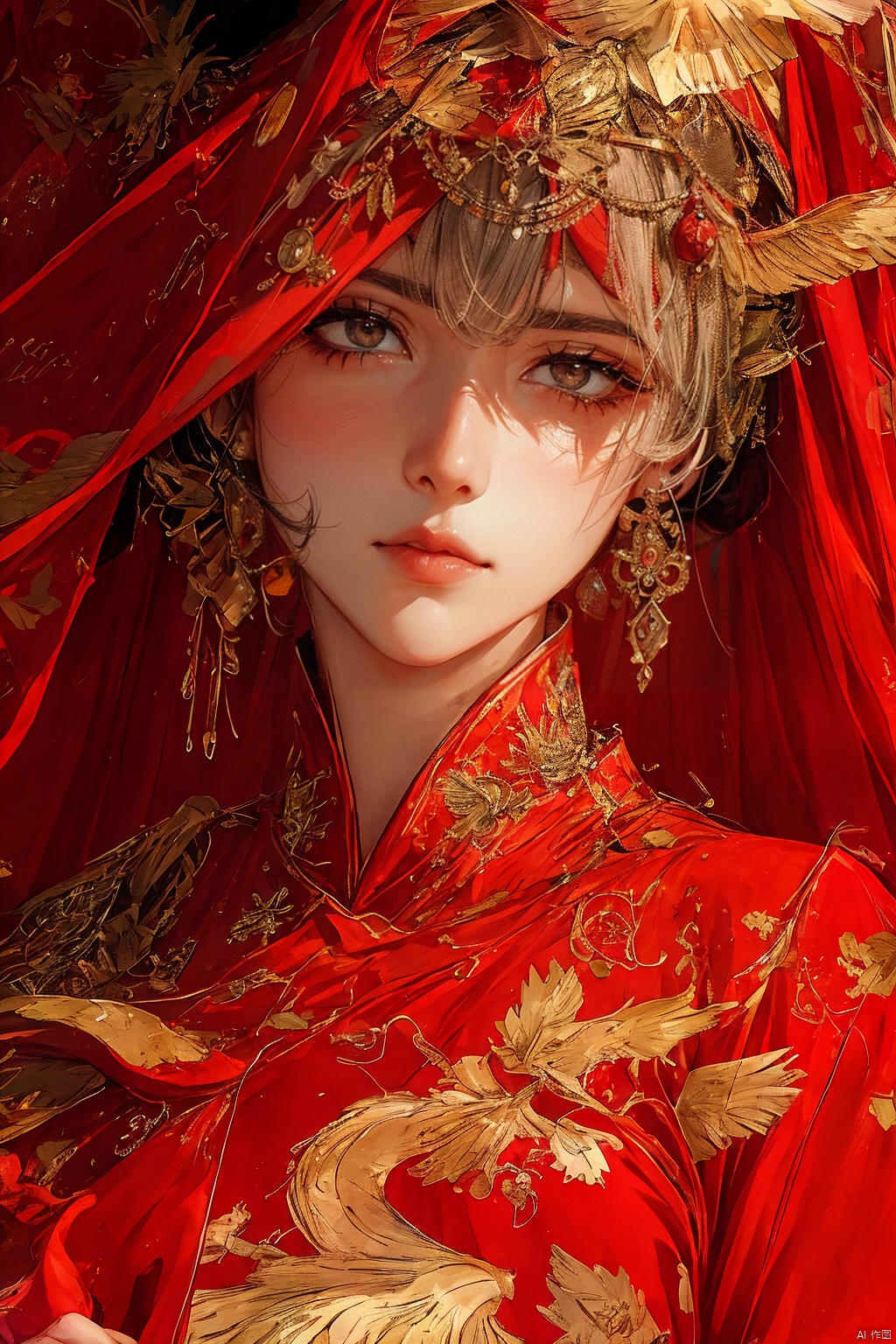 1girl, solo, long hair, looking at viewer, brown hair, black hair, dress, brown eyes, jewelry, closed mouth, upper body, earrings, hand up, makeup, chinese clothes, red dress, portrait, red lips, red theme