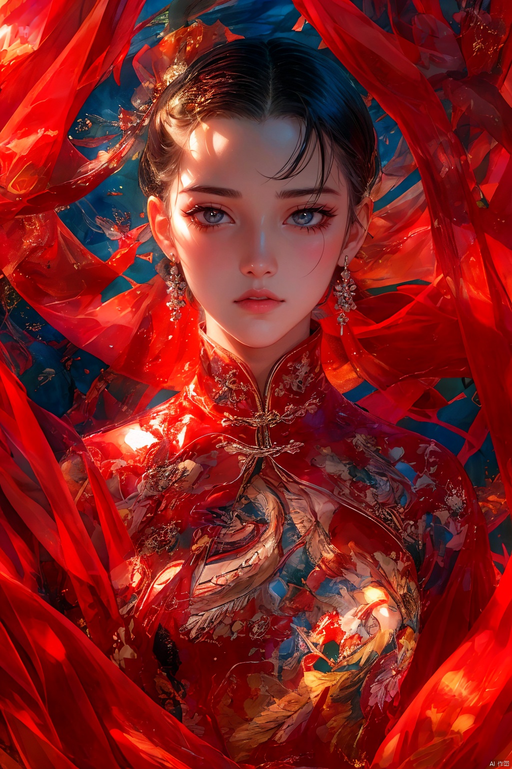 1girl, solo, long hair, looking at viewer, brown hair, black hair, dress, brown eyes, jewelry, closed mouth, upper body, earrings, hand up, makeup, chinese clothes, red dress, portrait, red lips, red theme, a girl,cool, illustration, painting