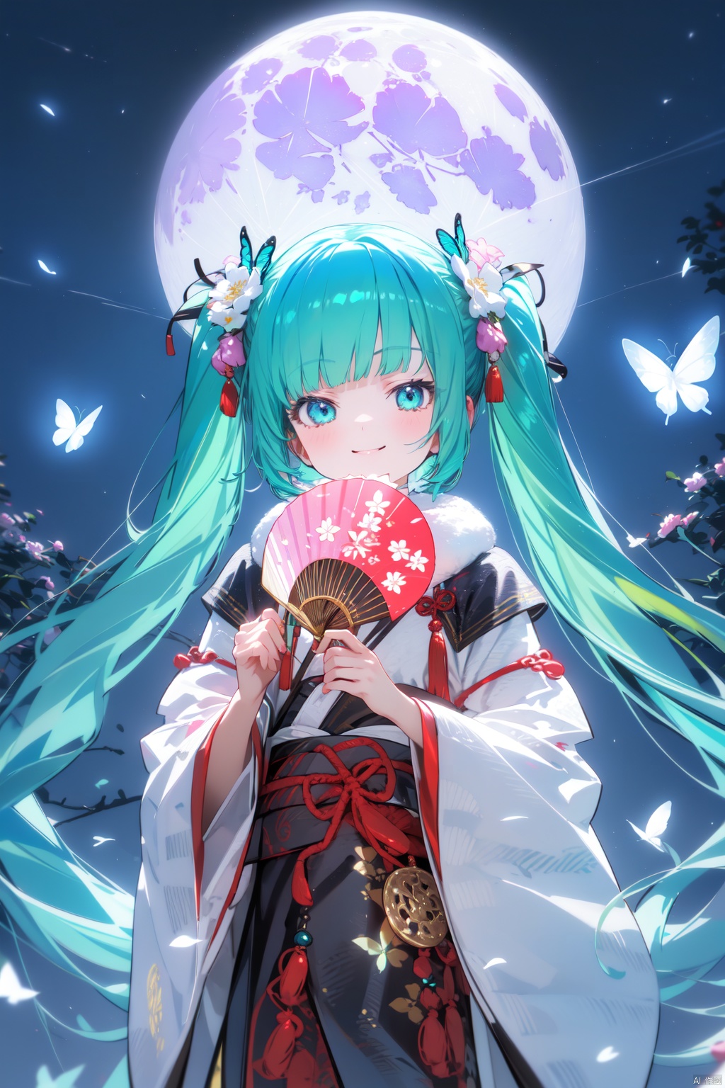 1girl, flower, paper fan, uchiwa, solo, hatsune miku, hand fan, long hair, holding, hair flower, hair ornament, shawl, chinese clothes, hagoromo, holding fan, butterfly, hanfu, bug, twintails, very long hair, wide sleeves, looking at viewer, moon, night, long sleeves, sky, white flower, bangs, aqua hair, smile, tassel, night sky, full moon