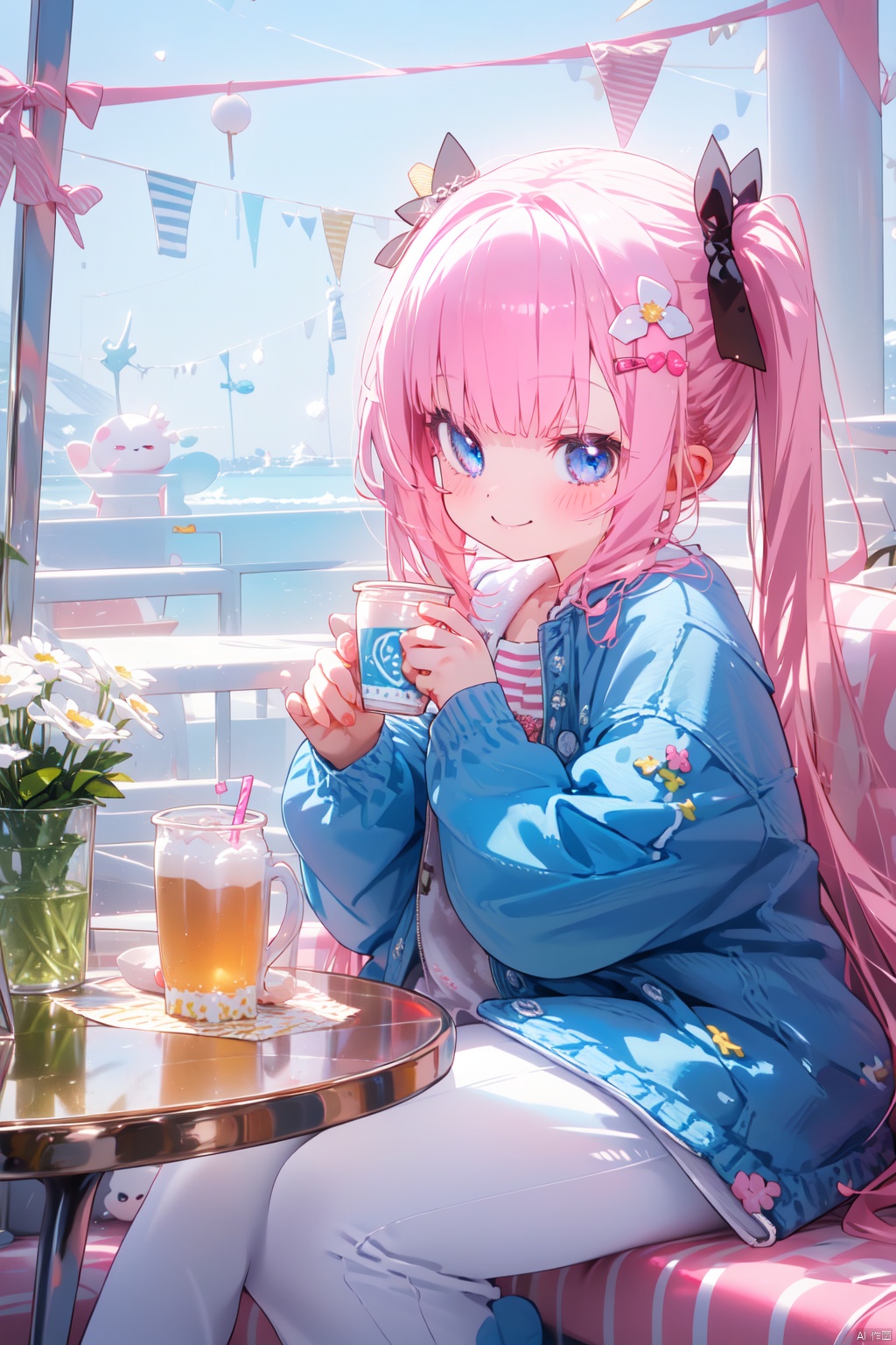 (best quality),(masterpiece),1girl, solo, cup, food-themed hair ornament, short sleeves, food, hair ornament, flower, open jacket, closed mouth, open clothes, holding, bangs, smile, jacket, candy hair ornament, drinking straw, pennant, hair flower, twintails, wrist scrunchie, scrunchie, holding cup, looking at viewer, pants, sitting, long hair, blue eyes, blush, candy wrapper, jewelry, striped, dress, white flower, striped bow, bendy straw, blue jacket, feet out of frame, disposable cup, knees up, macaron, bow, teacup, string of flags, pink scrunchie, ice cube, ringlets
