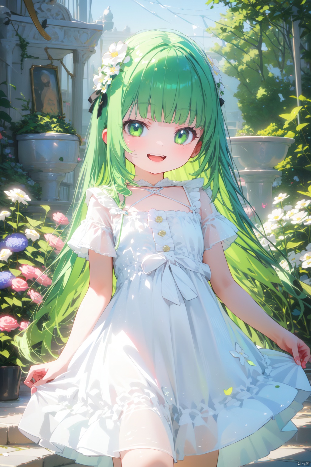 (best quality),(masterpiece),1girl, flower,white dress, solo, green hair, long hair, smile, open mouth, looking at viewer, bangs, white flower, green eyes,
