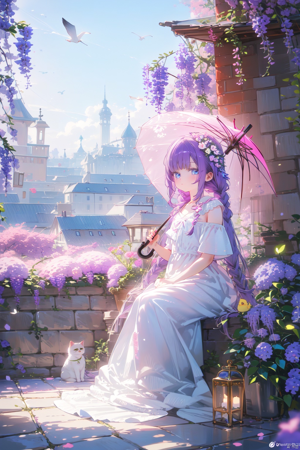  (best quality),(masterpiece),1girl, solo, long hair, blue eyes, wisteria, flower, cat, umbrella, dress, braid, sitting, bird, twin braids, very long hair, hat, looking at viewer, scenery, holding
