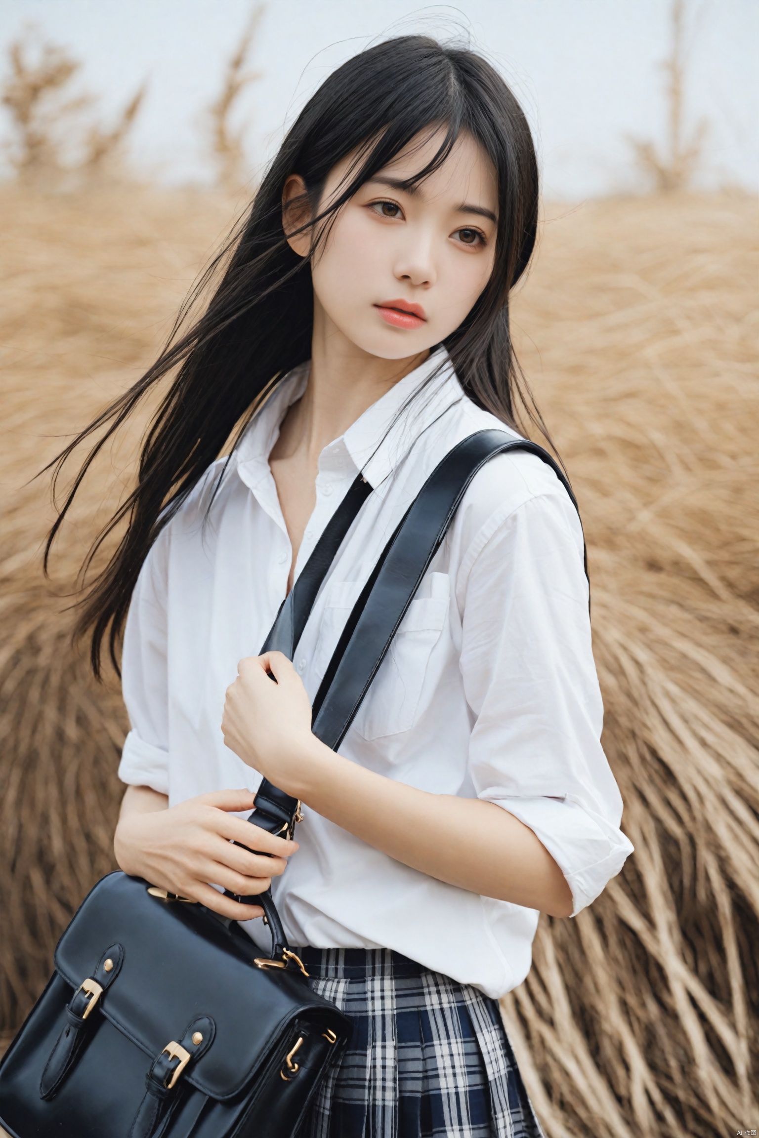 masterpiece,Realism,best quality,loli,1girl,long hair,bag,black hair,solo,school uniform,shirt,sleeves rolled up,blurry,looking at viewer,skirt,school bag,white shirt,realistic,lips,depth of field,upper body,black eyes,shoulder bag,brown eyes,nose,parted lips,plaid,plaid skirt,collared shirt,