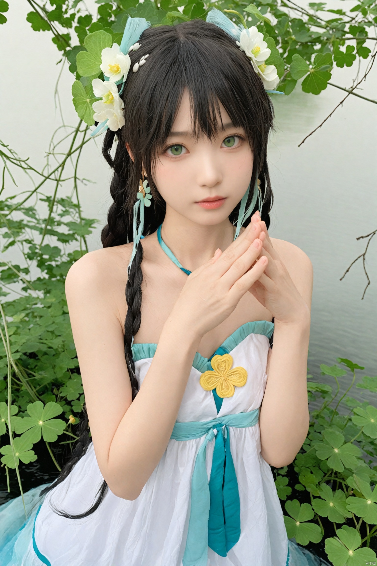 masterpiece,Realism,best quality,loli,1girl,Luo Tianyi (Vocaloid), clover, solo, long hair, green eyes, four-leaf clover, dress, flower, own hands together, looking at viewer, water, hair ornament, parted lips, very long hair, bangs, earrings, white background, jewelry, bare shoulders, upper body, white dress, hair flower, ribbon, simple background, hands up, blush