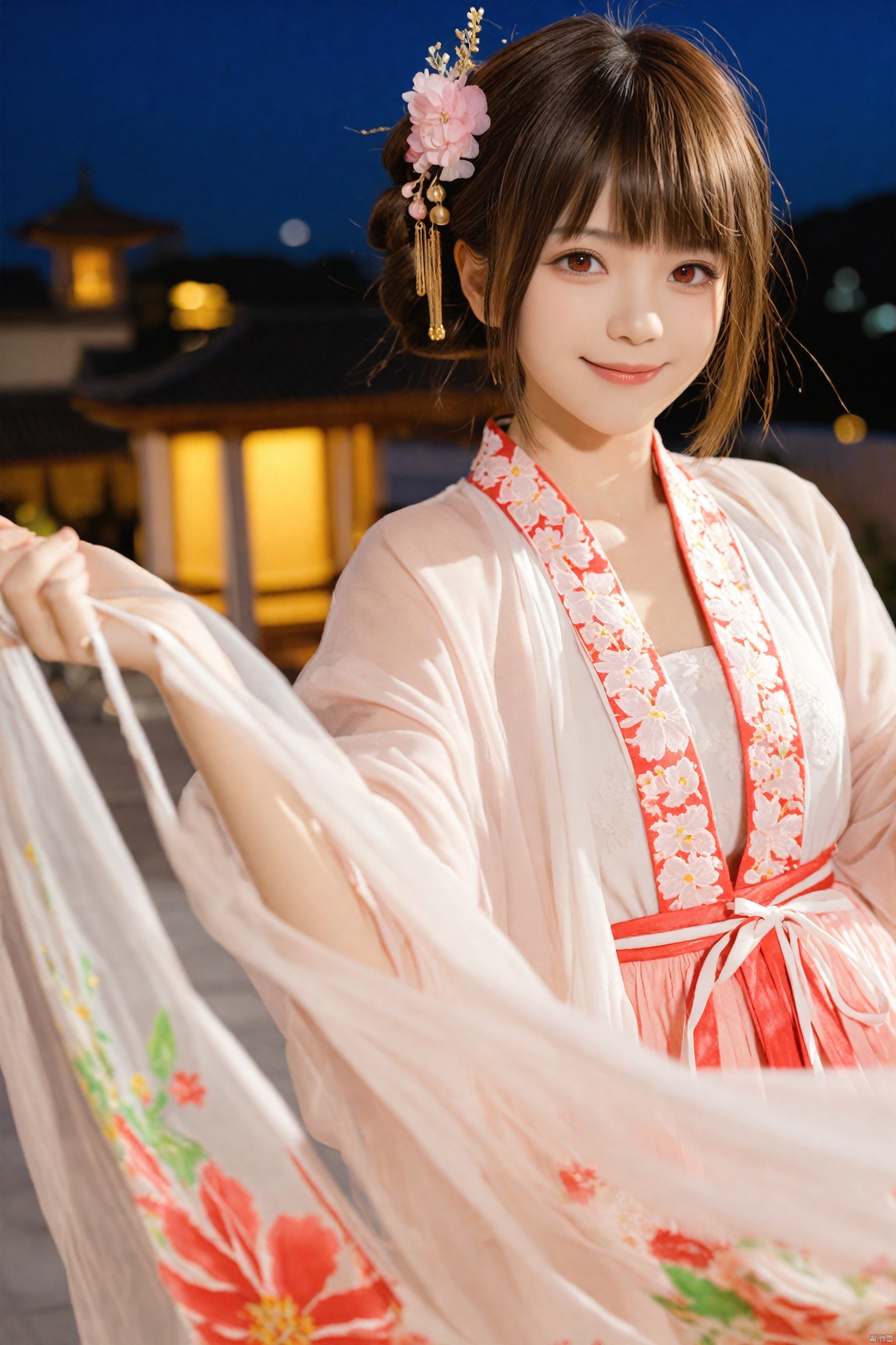  (masterpiece),(best quality),illustration,ultra detailed,hdr,Depth of field,(colorful),mmd,night,1girl,solo,red eyes,looking at viewer,hair ornament,short hair,upper body,brown hair,blurry,ahoge,bangs,see-through,depth of field,hanfu,smile,floral print,closed mouth,