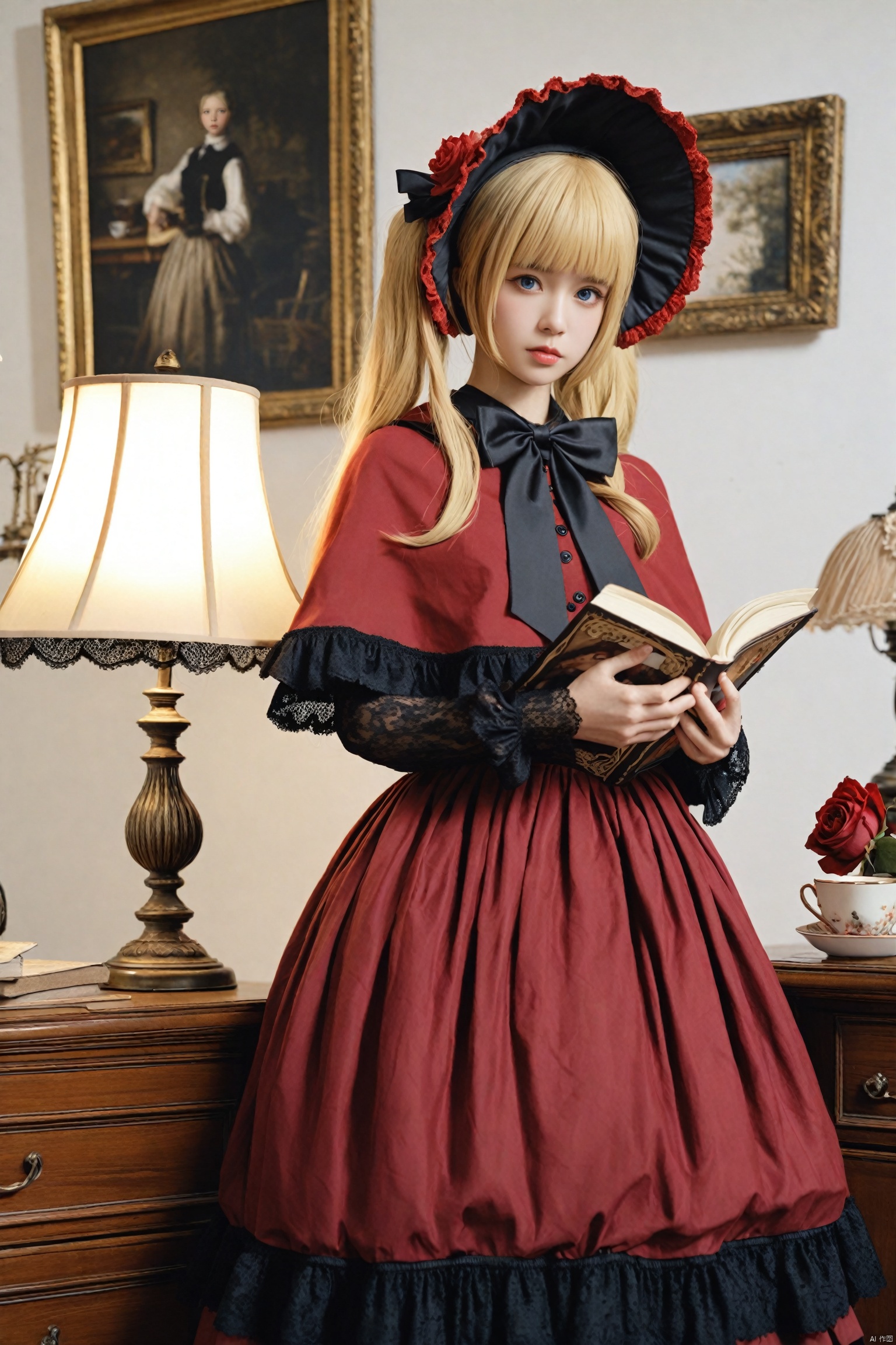 masterpiece,Realism,best quality,loli,1girl,blonde hair,shinku,dress,book,blue eyes,solo,bonnet,bow,holding,flower,lamp,rose,looking at viewer,long hair,red dress,black bow,frills,bowtie,realistic,long sleeves,indoors,frilled dress,cup,lips,lolita fashion,red headwear,capelet,lace trim,twintails,holding book,black bowtie,teacup,open book,lace,red flower,picture frame,standing,closed mouth,hat,painting (object),red rose,lace-trimmed sleeves,blunt bangs,nose,ribbon,head tilt,desk lamp,