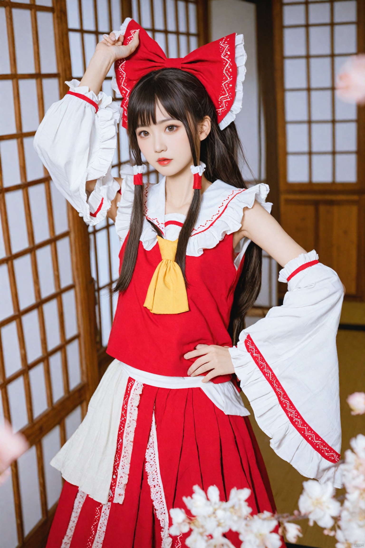 masterpiece,Realism,best quality,loli,1girl,hakurei reimu,bow,solo,hair bow,hair tubes,red bow,ascot,red skirt,detached sleeves,frills,hand on own hip,skirt,long hair,realistic,wide sleeves,brown hair,yellow ascot,blurry,frilled bow,frilled shirt collar,ribbon-trimmed sleeves,red lips,cherry blossoms,ribbon trim,shirt,lips,sidelocks,skirt set,parted lips,looking at viewer,makeup,sliding doors,red shirt,depth of field,hand up,indoors,red vest,brown eyes,sleeveless shirt,lipstick,blurry foreground,arm up,ponytail,flower,black hair,sleeveless,black eyes,dutch angle,long sleeves,ribbon,parody,cowboy shot,vest,