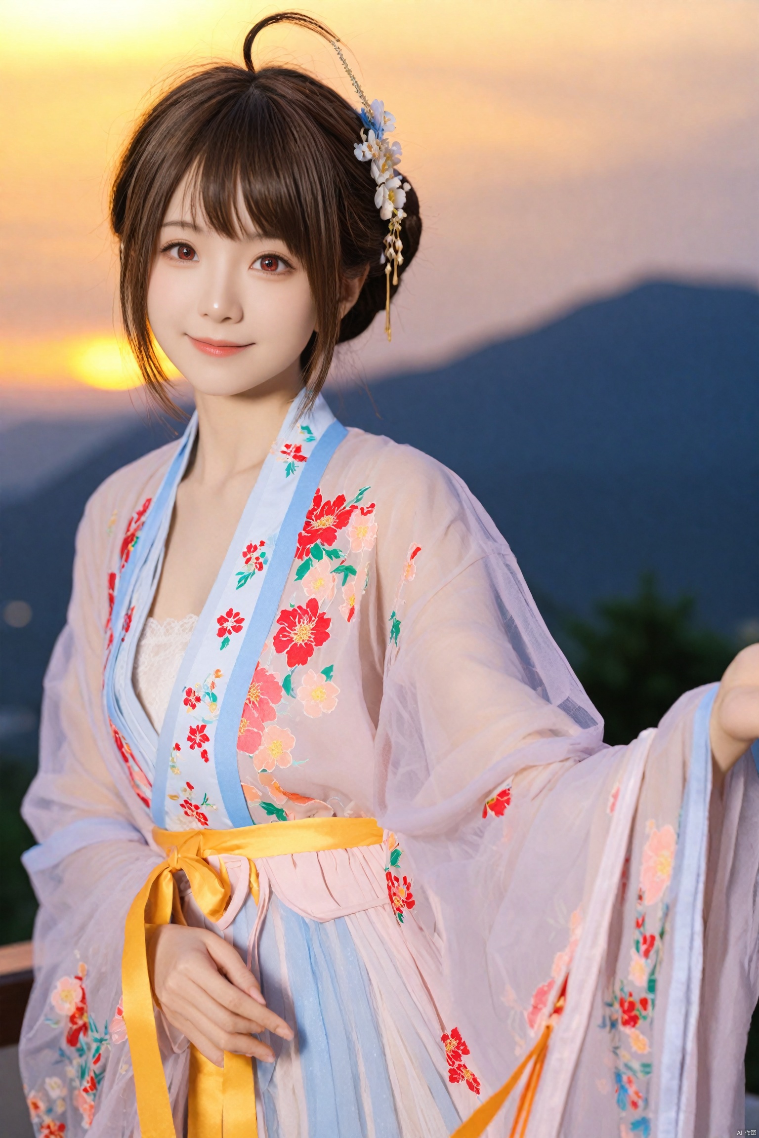 (masterpiece),(best quality),illustration,ultra detailed,hdr,Depth of field,(colorful),mmd,night,1girl,solo,red eyes,looking at viewer,hair ornament,short hair,upper body,brown hair,blurry,ahoge,bangs,see-through,depth of field,hanfu,smile,floral print,closed mouth,