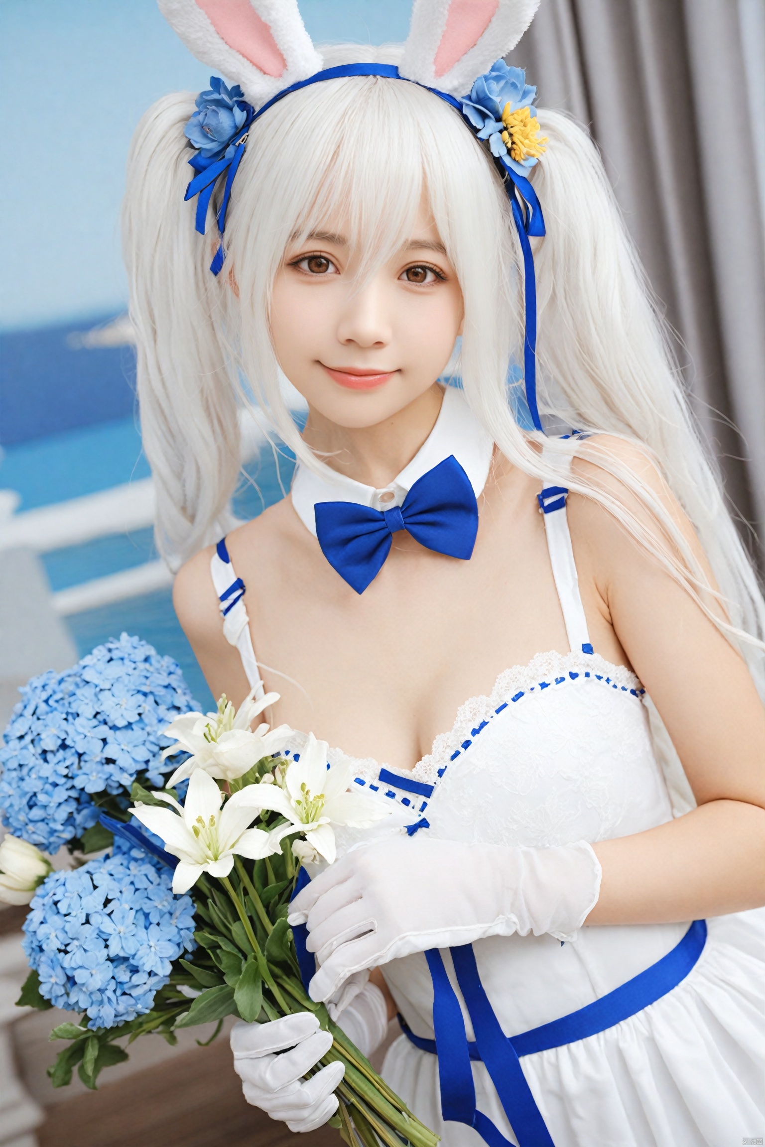 masterpiece,Realism,best quality,loli,1girl,animal ears,solo,flower,gloves,rabbit ears,white gloves,white hair,hair ornament,dress,looking at viewer,hair flower,white dress,twintails,blurry background,blurry,hair between eyes,bow,upper body,white flower,fake animal ears,brown eyes,official alternate costume,lips,blue flower,blue bow,bowtie,ribbon,dutch angle,long hair,breasts,blue bowtie,closed mouth,laffey (azur lane),realistic,smile,signature,blue ribbon,bouquet,head tilt,artist name,