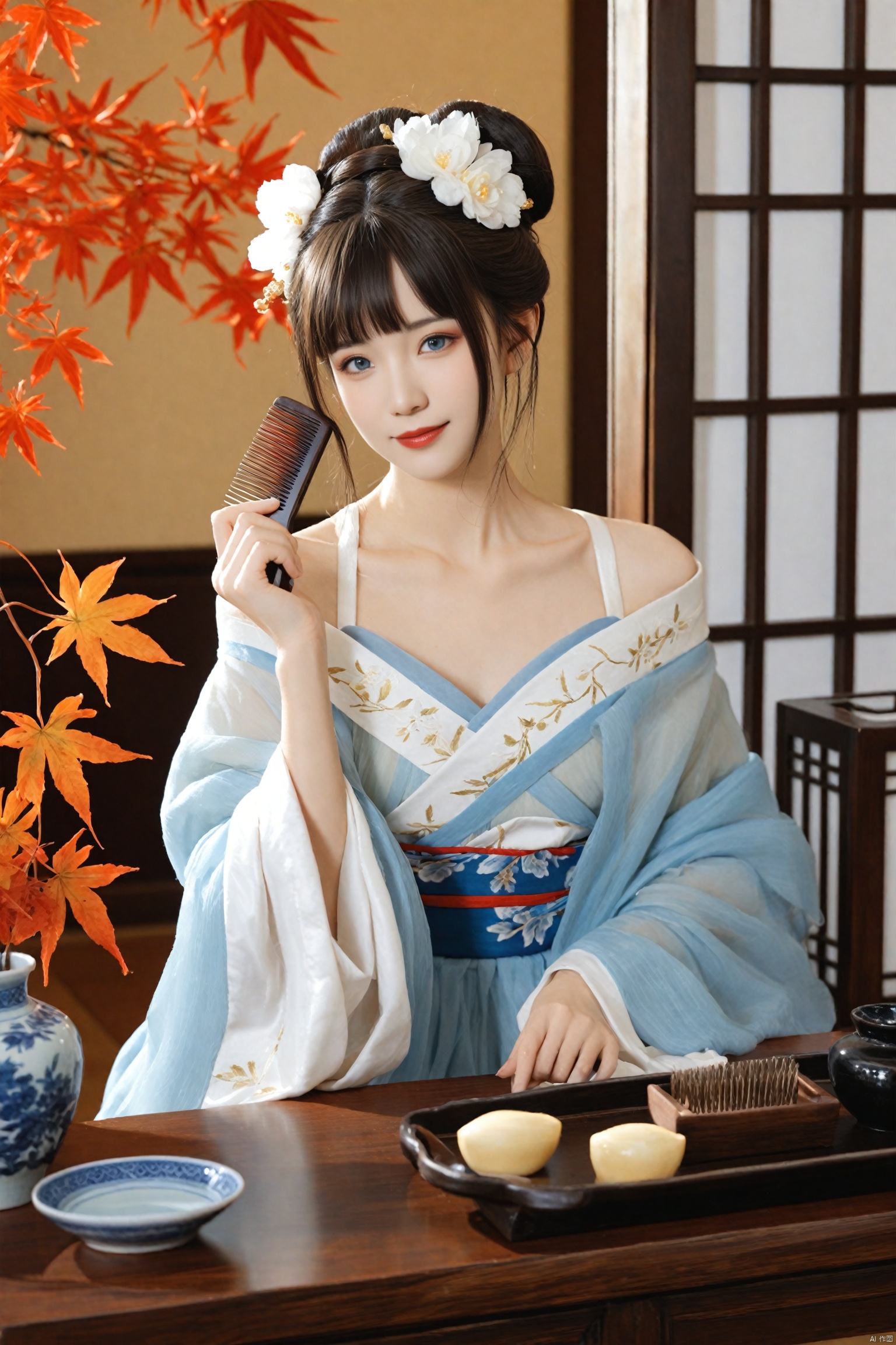 Realism, best quality,  1girl, flower, hanfu, solo, hair ornament, chinese clothes, leaf, black hair, looking at viewer, red lips, off shoulder, indoors, hair flower, white flower, maple leaf, bare shoulders, long sleeves, dress, hand up, blue eyes, long hair, comb, head tilt, wide sleeves, shawl, sash, closed mouth, box, collarbone, blunt bangs, hair stick, autumn leaves, updo, makeup, vase, hair bun, brown hair, table, realistic, blurry, smile, lipstick, upper body