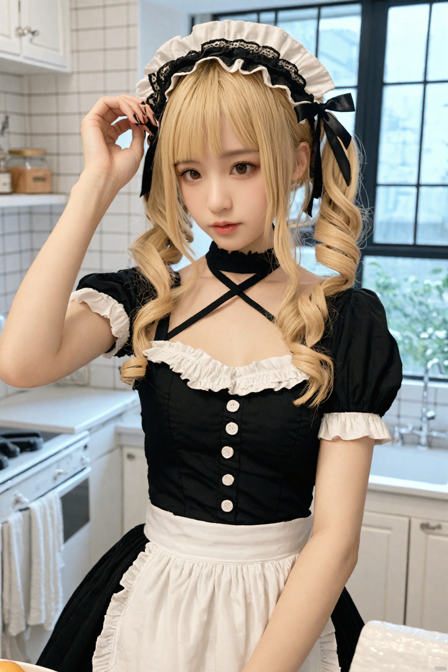 masterpiece,Realism,best quality,loli,1girl,solo,blonde hair,realistic,indoors,drill hair,kitchen,frills,hair ornament,black dress,dress,bare shoulders,x hair ornament,apron,blurry,hairband,sink,looking at viewer,detached sleeves,maid headdress,maid,halterneck,lolita hairband,hairclip,twintails,blunt bangs,brown eyes,gothic lolita,twin drills,ribbon,black ribbon,window,marie rose,photorealistic,bathroom,choker,lolita fashion,blurry background,arm up,collarbone,hair ribbon,lips,white apron,closed mouth,scrunchie,long hair,tiles,upper body,frilled dress,criss-cross halter,frilled sleeves,tile wall,frilled hairband,short sleeves,depth of field,nail polish,medium hair,