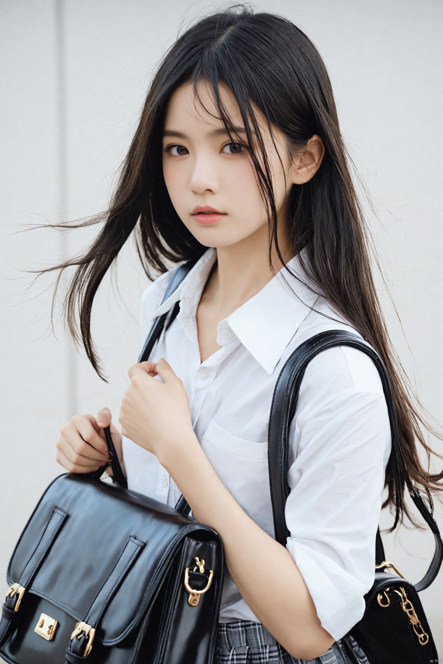 masterpiece,Realism,best quality,loli,1girl,long hair,bag,black hair,solo,school uniform,shirt,sleeves rolled up,blurry,looking at viewer,skirt,school bag,white shirt,realistic,lips,depth of field,upper body,black eyes,shoulder bag,brown eyes,nose,parted lips,plaid,plaid skirt,collared shirt,