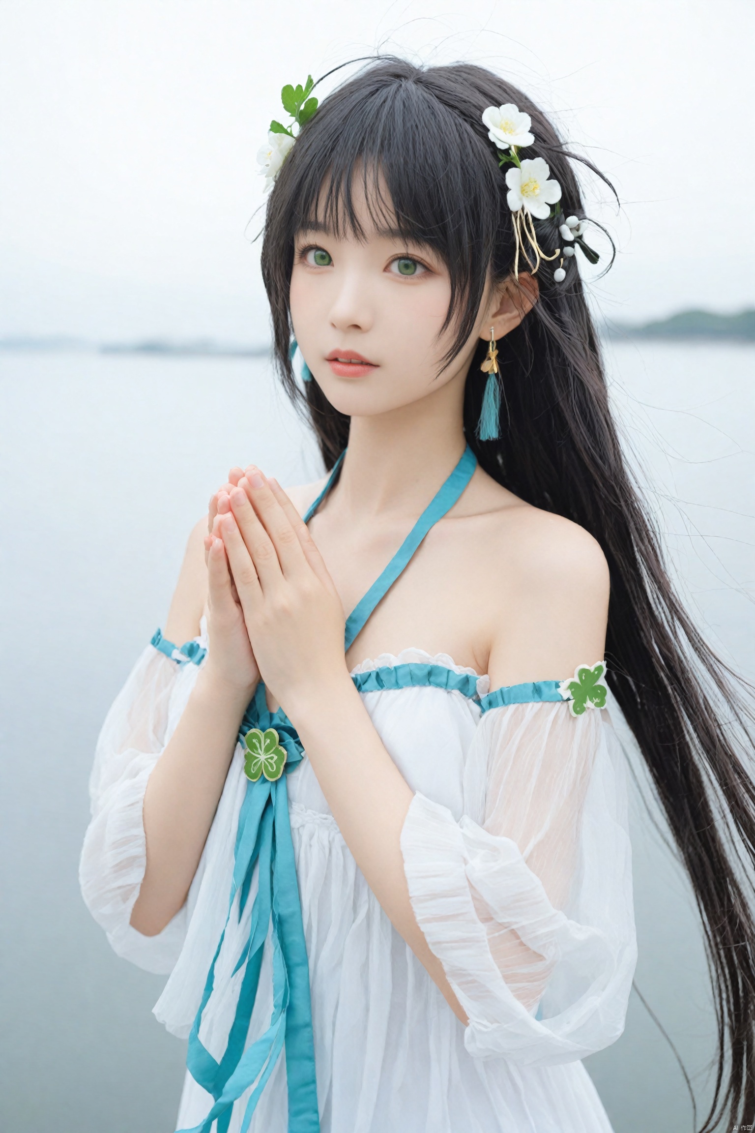 masterpiece,Realism,best quality,loli,1girl,Luo Tianyi (Vocaloid), clover, solo, long hair, green eyes, four-leaf clover, dress, flower, own hands together, looking at viewer, water, hair ornament, parted lips, very long hair, bangs, earrings, white background, jewelry, bare shoulders, upper body, white dress, hair flower, ribbon, simple background, hands up, blush