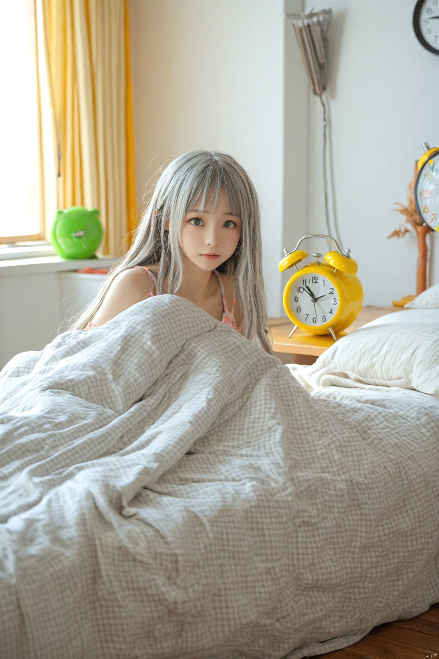 masterpiece,best quality,illustration,ultra detailed,hdr,Depth of field,(colorful),loli,1girl,clock,solo,alarm clock,under covers,green eyes,bed,long hair,pillow,indoors,sunlight,curtains,pajamas,grey hair,blanket,window,collarbone,bangs,