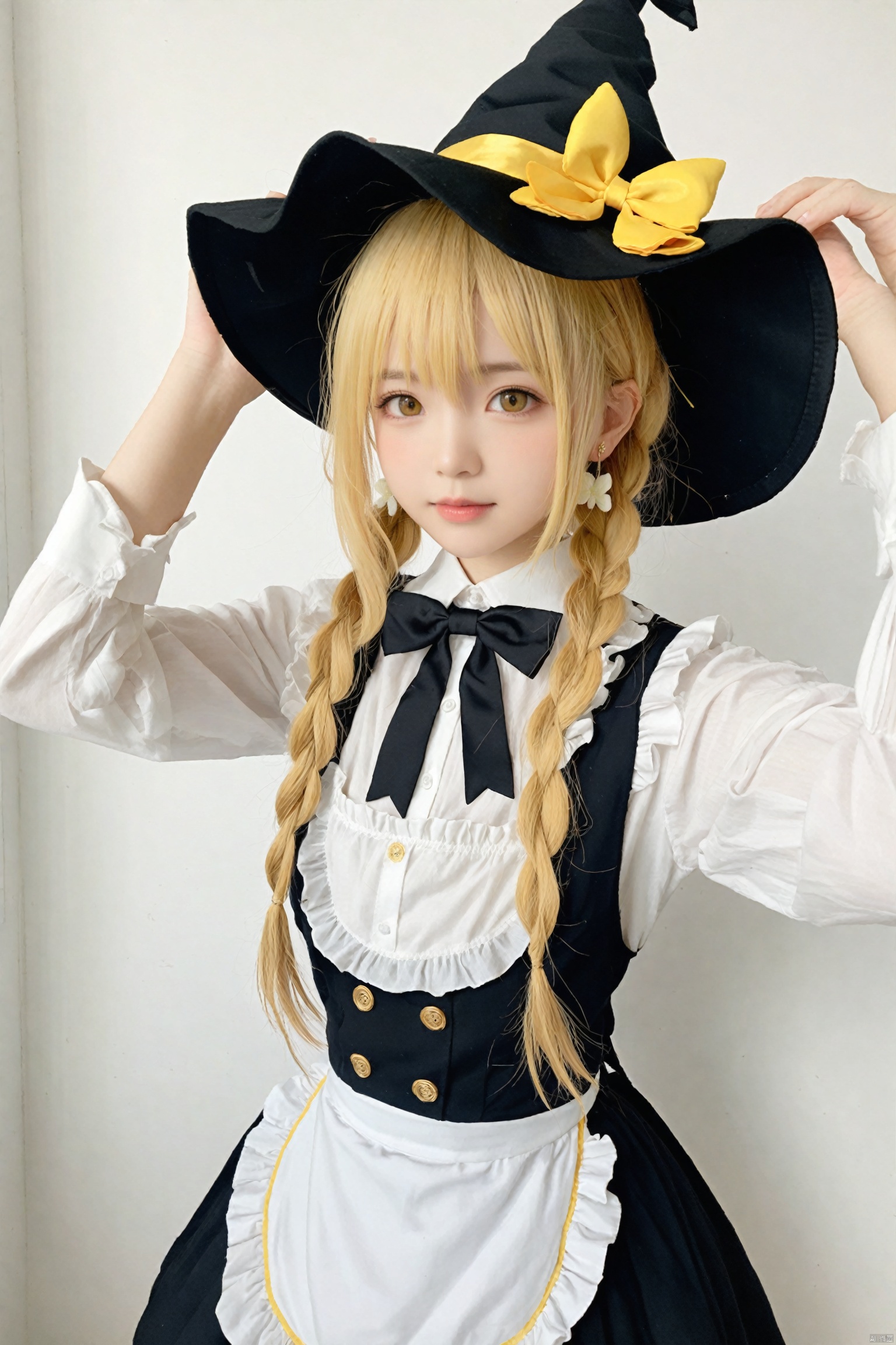 masterpiece,loli,1girl,hat,kirisame marisa,blonde hair,solo,yellow eyes,bug,witch hat,butterfly,long hair,braid,bow,flower,apron,black headwear,single braid,long sleeves,earrings,hair ornament,jewelry,white bow,hair flower,shirt,white shirt,closed mouth,hair between eyes,black bow,waist apron,white apron,hat bow,black skirt,white flower,blush,bowtie,skirt,black bowtie,looking at viewer,hair bow,rose,black vest,vest,frills,signature,buttons,hand on headwear,upper body,frilled apron,white rose,arms up,cowboy shot,yellow butterfly,arm up,hands up,artist name,side braid,ribbon