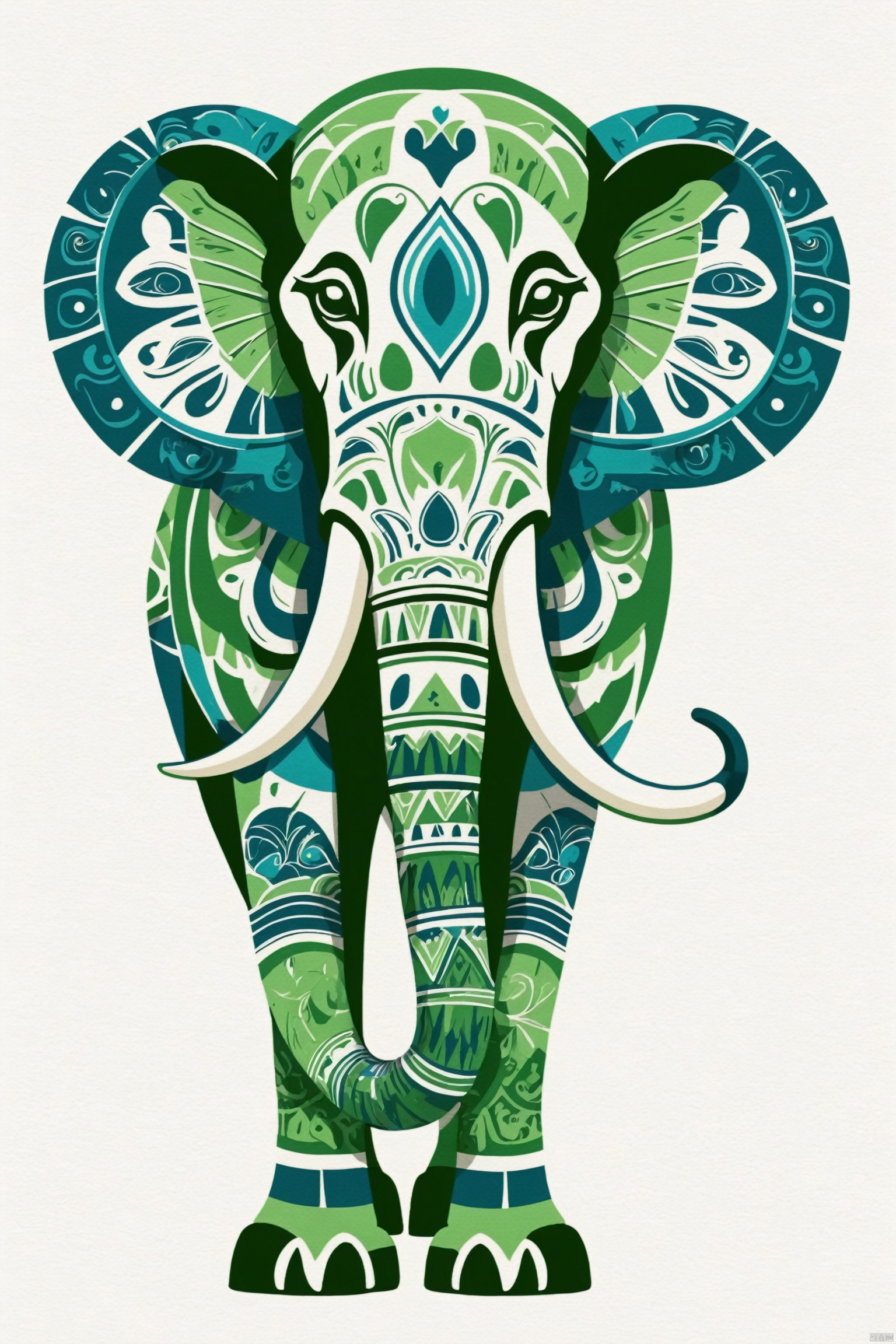 Totem pattern of a huge green mammoth,native american animal totem design in the style of Emily Balivet, symmetrical logo, white background, green and blue color palette