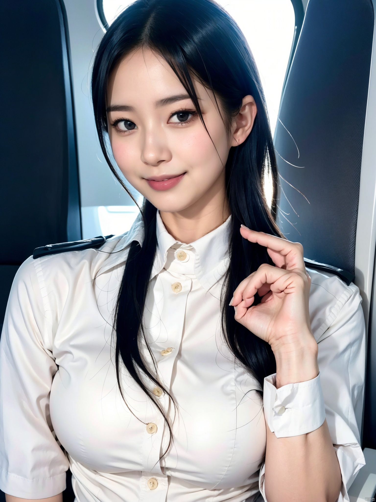 4girl, solo, looking at viewer, smile, short hair, simple background, shirt, black hair, white background, brown eyes, white shirt, upper body, teeth, collared shirt, grin, black eyes, lips, realistic, stewardess,multiplegirls