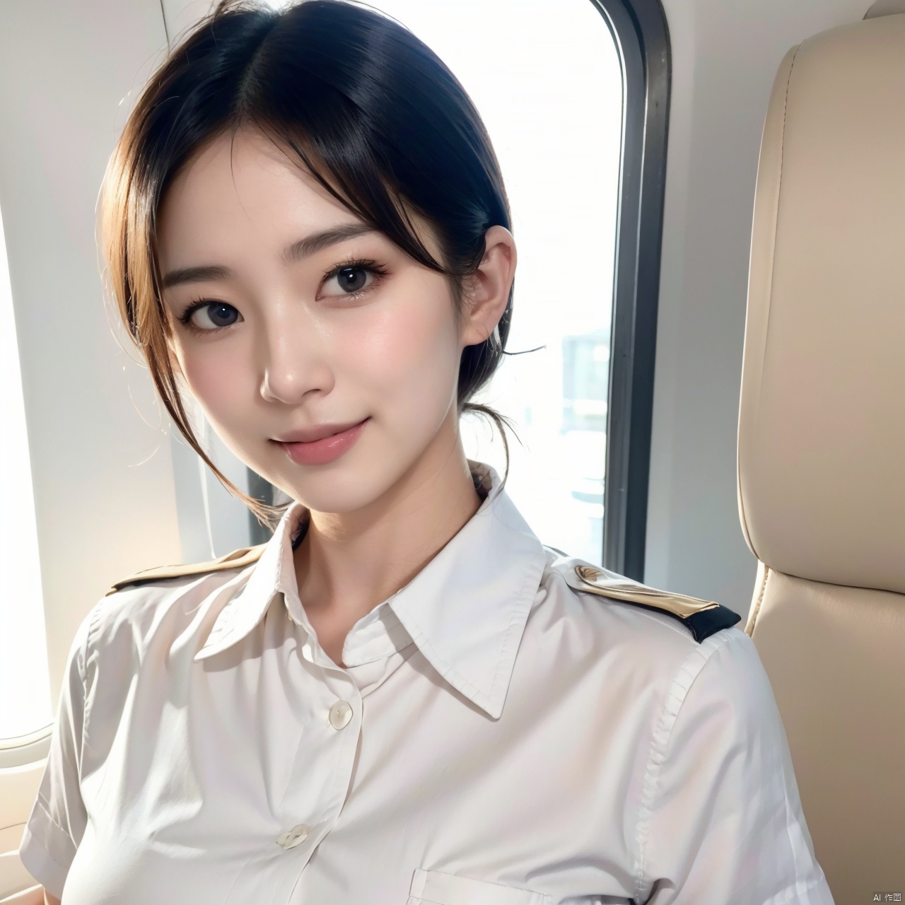 4girl, solo, looking at viewer, smile, short hair, simple background, shirt, black hair, white background, brown eyes, white shirt, upper body, teeth, collared shirt, grin, black eyes, lips, realistic, stewardess,multiplegirls