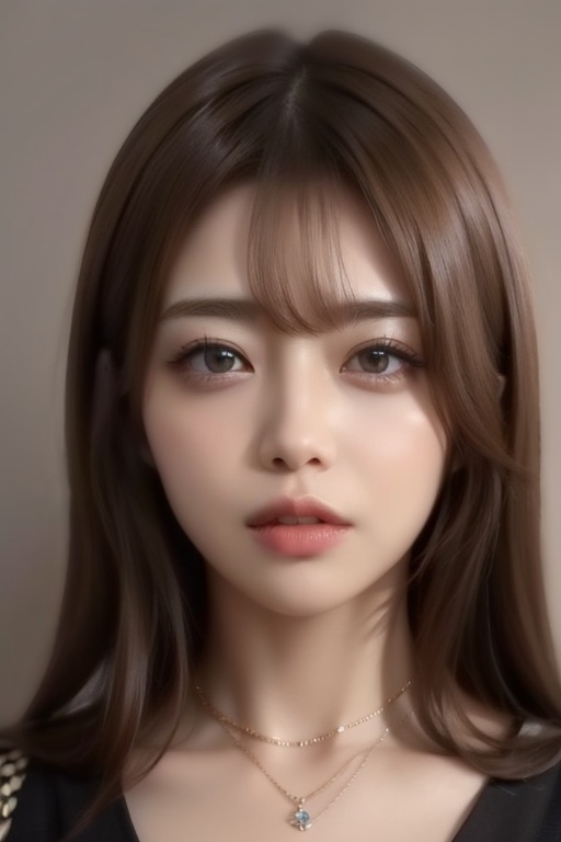 1girl solo brown hair closed mouth grey background collar lips realistic ,  beauty,  yui on Tensor.Art