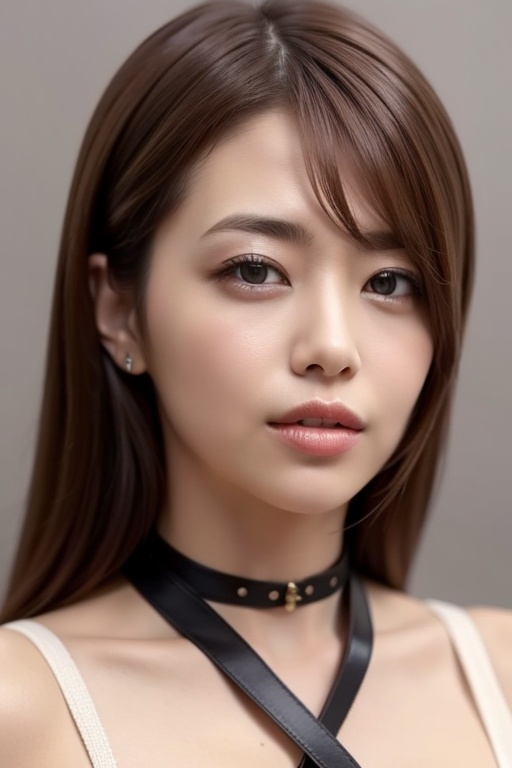 1girl solo brown hair closed mouth grey background collar lips realistic ,  beauty,  yui on Tensor.Art