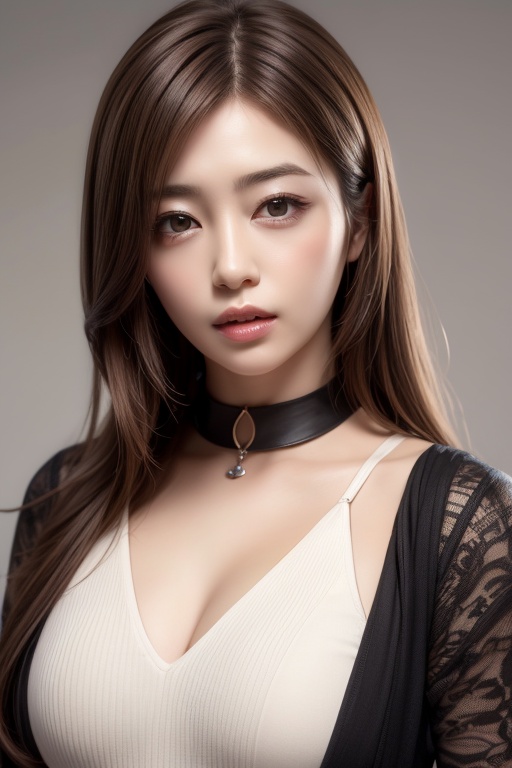 1girl solo brown hair closed mouth grey background collar lips realistic ,  beauty,  yui on Tensor.Art