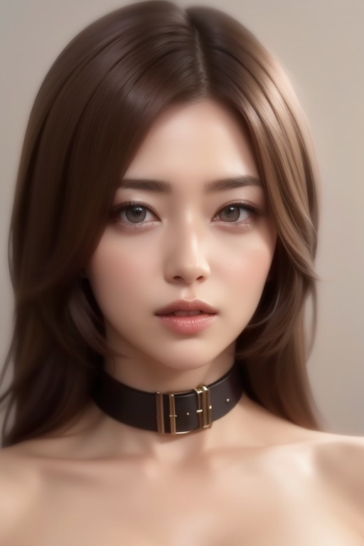 1girl solo brown hair closed mouth grey background collar lips realistic ,  beauty,  yui on Tensor.Art