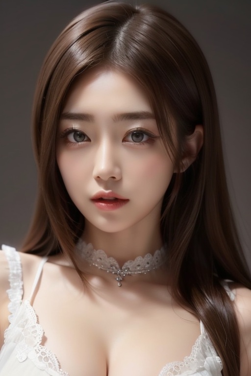 1girl solo brown hair closed mouth grey background collar lips realistic ,  beauty,  yui on Tensor.Art