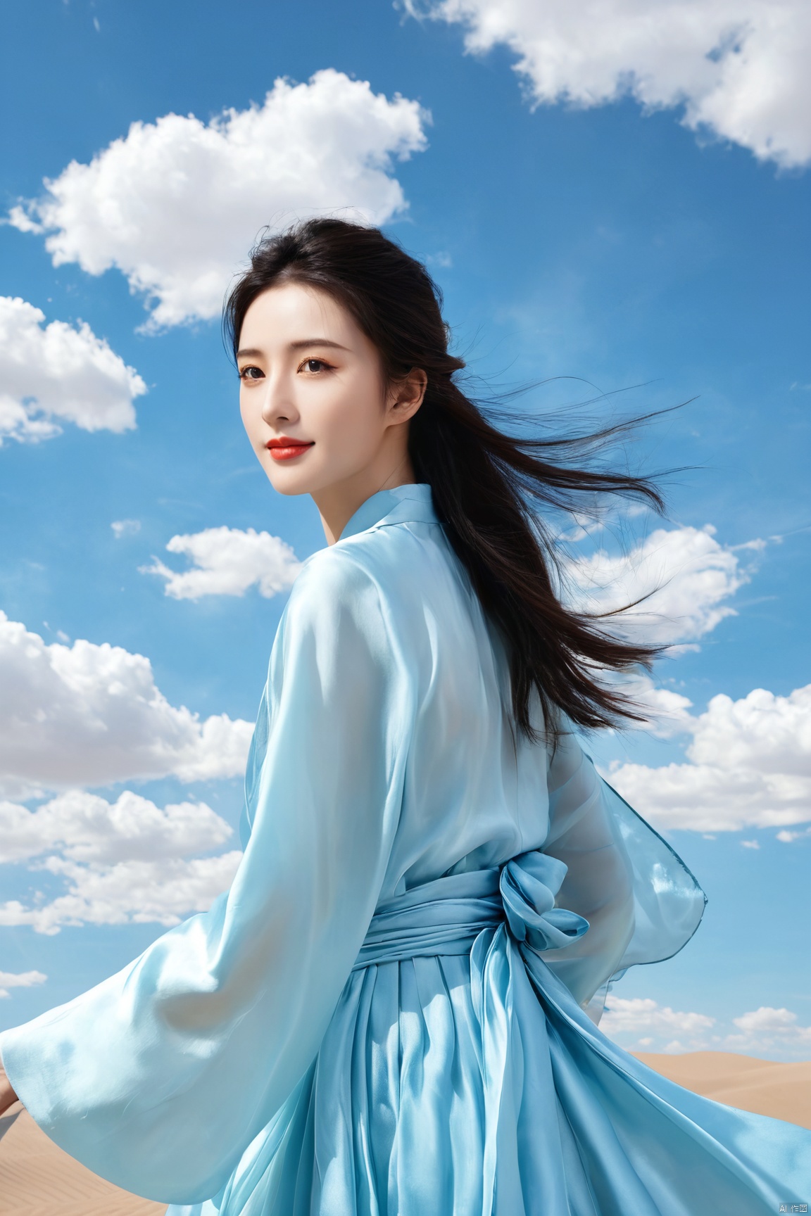  cowboy_shot,(Good structure), DSLR Quality, Masterpiece, (ultra wide angle lens: 1.2), Unity8k wallpaper, best quality, (detail shadow: 1.1), a beautiful girl, on a sea of light blue silk, translucent silk, floating light blue silk, surrealist style, minimalism, highly detailed texture, light blue, white clean background, CG rendering, light passing through clouds, 8k resolution, (motion photo: 1.2), (Fidelity: 1.4), original photos, movie lighting, 1girl,, , ((poakl)),kind smile,, weddingdress, zhangyuxi, nangongwan, NaGongWan, desert_sky, Qi-Baishi, Water_butterfly, weijin_hanfu
