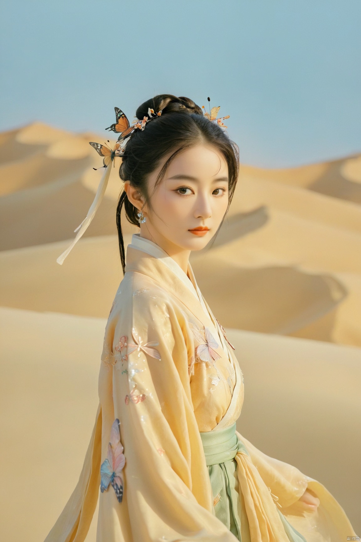 1girl,Brigitte Lin,film style, song_hanfu, desert_sky, New Chinese_Hanfu, weijin_hanfu, fantasy_butterfly