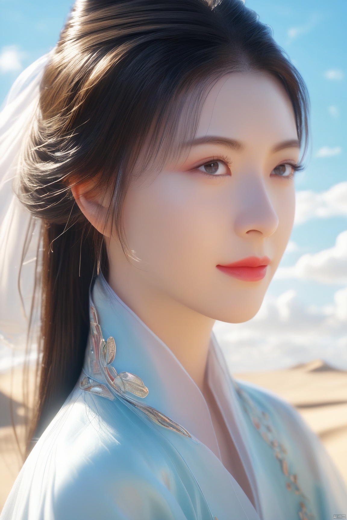  cowboy_shot,(Good structure), DSLR Quality, Masterpiece, (ultra wide angle lens: 1.2), Unity8k wallpaper, best quality, (detail shadow: 1.1), a beautiful girl, on a sea of light blue silk, translucent silk, floating light blue silk, surrealist style, minimalism, highly detailed texture, light blue, white clean background, CG rendering, light passing through clouds, 8k resolution, (motion photo: 1.2), (Fidelity: 1.4), original photos, movie lighting, 1girl,, , ((poakl)),kind smile,, weddingdress, zhangyuxi, nangongwan, NaGongWan, desert_sky, Qi-Baishi, Water_butterfly, weijin_hanfu