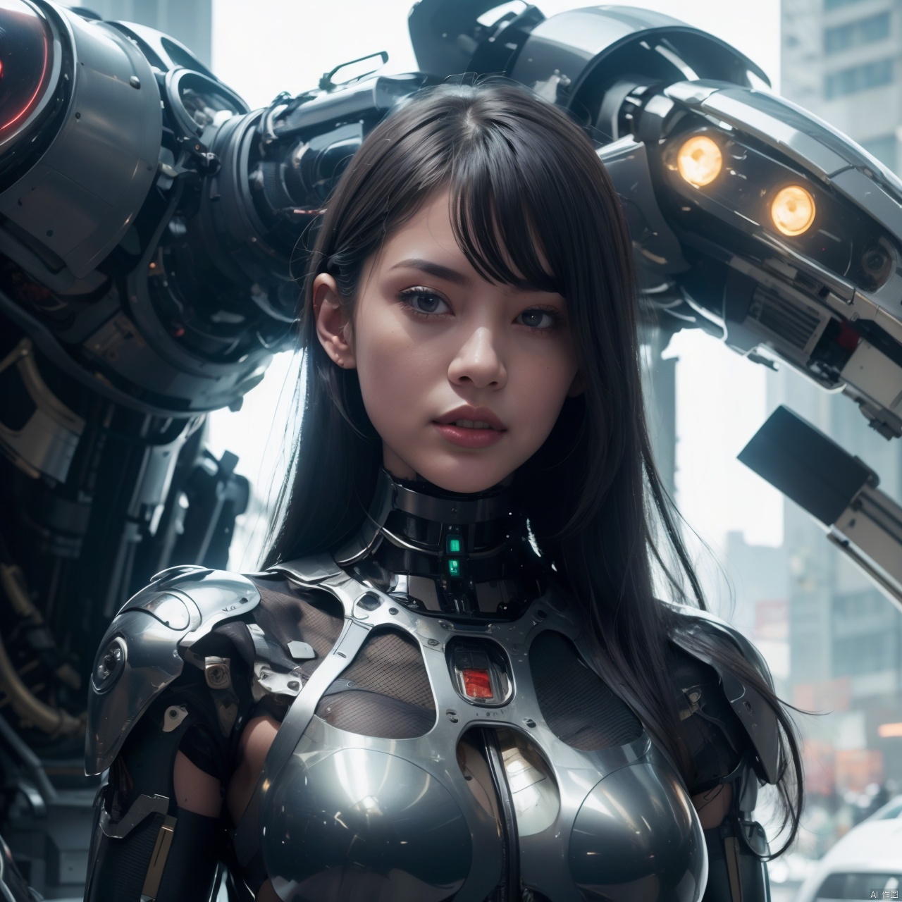  1girl, full body,breasts, solo,  realistic, long_hair, science_fiction, lips, black_hair, medium_breasts, mechanical_arms, cyborg, armor, Cyberpunk,cityscape