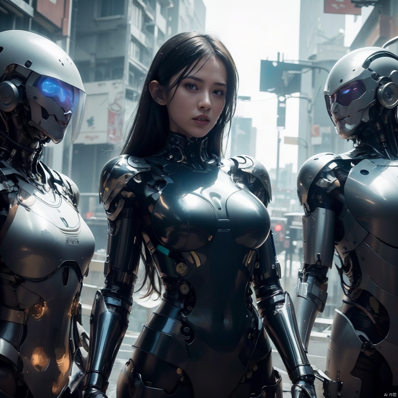  1girl, full body,breasts, solo,  realistic, long_hair, science_fiction, lips, black_hair, medium_breasts, mechanical_arms, cyborg, armor, Cyberpunk,cityscape