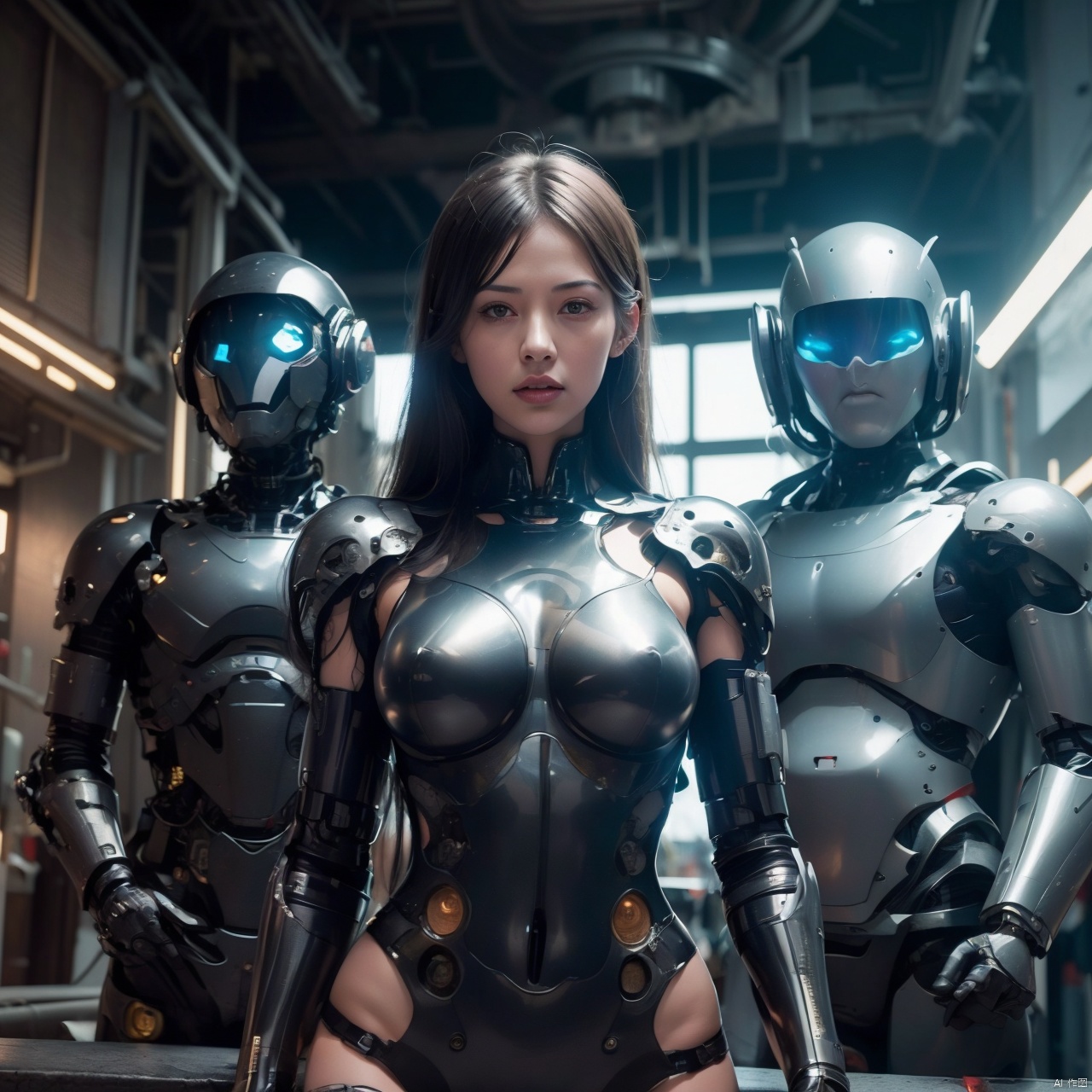  1girl, full body,breasts, solo,  realistic, long_hair, science_fiction, lips, black_hair, medium_breasts, mechanical_arms, cyborg, armor, Cyberpunk,cityscape