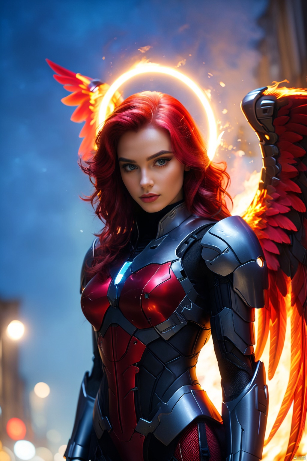 masterpiece, top quality,phoenix dark is x-men, beautiful and aesthetic:1.2, (1girl:1.3), (full body:1.5),red suitbody ,looking at viewer,fire hair, extreme detailed,(fire hands:1.5),fire,smoke,goddess, detailed, detail fingers, detail face, masterpiece,ultra realistic,32k,extremely detailed CG unity 8k wallpaper, best quality, Cinematic photography, movie mood, cinematic light, compelling composition, storytelling elements, conveys emotion, mood, and narrative depth, creating visually striking images that feel like still frames from a film, Cinematic portrait photography, capture subject in a way that resembles a still frame from a movie, cinematic lighting, story, narrative quality, drawing viewers into the scene and evoking a sense of cinematic immersion, capturing emotion, professional, engaging, compelling composition, night photography, nocturnal beauty, city lights, starry skies, celestial wonders, moonlit landscapes, urban glow, capturing the essence of darkness, ethereal atmosphere, dramatic shadows, magical ambiance, long exposure techniques, expert use of light sources,MECHA ANGEL SOLDIER,TRIDENT,Heavenly Breasts,COLORFUL GRADIENT,UTASHIMADG fishnets mecha leotard armor,ZAVY-HRGLW,PEEPHOLE