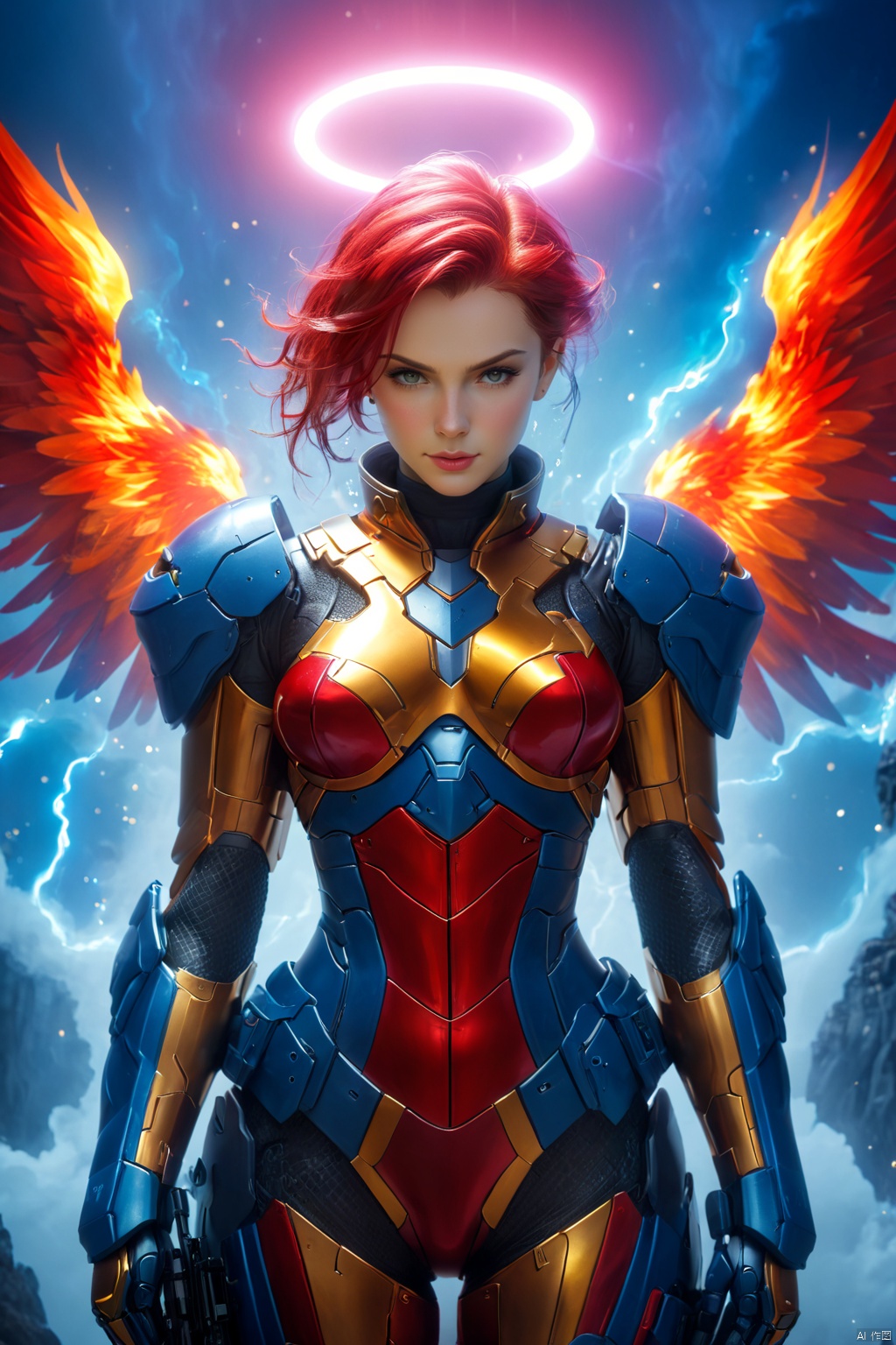 masterpiece, top quality,phoenix dark is x-men, beautiful and aesthetic:1.2, (1girl:1.3), (full body:1.5),red suitbody ,looking at viewer,fire hair, extreme detailed,(fire hands:1.5),fire,smoke,goddess, detailed, detail fingers, detail face, masterpiece,ultra realistic,32k,extremely detailed CG unity 8k wallpaper, best quality, Cinematic photography, movie mood, cinematic light, compelling composition, storytelling elements, conveys emotion, mood, and narrative depth, creating visually striking images that feel like still frames from a film, Cinematic portrait photography, capture subject in a way that resembles a still frame from a movie, cinematic lighting, story, narrative quality, drawing viewers into the scene and evoking a sense of cinematic immersion, capturing emotion, professional, engaging, compelling composition, night photography, nocturnal beauty, city lights, starry skies, celestial wonders, moonlit landscapes, urban glow, capturing the essence of darkness, ethereal atmosphere, dramatic shadows, magical ambiance, long exposure techniques, expert use of light sources,MECHA ANGEL SOLDIER,TRIDENT,Heavenly Breasts,COLORFUL GRADIENT,UTASHIMADG fishnets mecha leotard armor