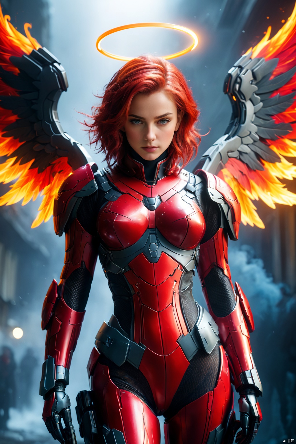 masterpiece, top quality,phoenix dark is x-men, beautiful and aesthetic:1.2, (1girl:1.3), (full body:1.5),red suitbody ,looking at viewer,fire hair, extreme detailed,(fire hands:1.5),fire,smoke,goddess, detailed, detail fingers, detail face, masterpiece,ultra realistic,32k,extremely detailed CG unity 8k wallpaper, best quality, Cinematic photography, movie mood, cinematic light, compelling composition, storytelling elements, conveys emotion, mood, and narrative depth, creating visually striking images that feel like still frames from a film, Cinematic portrait photography, capture subject in a way that resembles a still frame from a movie, cinematic lighting, story, narrative quality, drawing viewers into the scene and evoking a sense of cinematic immersion, capturing emotion, professional, engaging, compelling composition, night photography, nocturnal beauty, city lights, starry skies, celestial wonders, moonlit landscapes, urban glow, capturing the essence of darkness, ethereal atmosphere, dramatic shadows, magical ambiance, long exposure techniques, expert use of light sources,MECHA ANGEL SOLDIER,TRIDENT,Heavenly Breasts,COLORFUL GRADIENT,UTASHIMADG fishnets mecha leotard armor