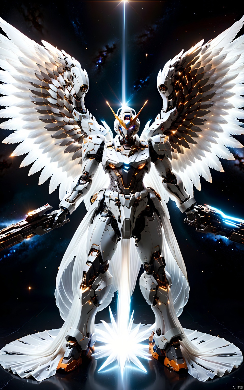  (masterpiece),(best quality),(galaxy nebula stardust dark sandstorm swirling),Detailed,crazy details,Dynamic Angle,Combat action,fighting_stance,full body, Gundam adopts an extremely futuristic streamlined design, making the entire model more smooth and natural.
a (mecha) with sleek and menacing design, 
Gundam,solo, Metal mecha,sidelighting,standing, weapon,gun,clenched_hands,shield,no_humans, glowing, robot,glowing_eyes, 3d model,futuristic technology,mechanical,science fiction,Streamlined design,Armor,Beam rifle,
4K,Official art, unit 8 k wallpaper, beautiful and aesthetic, masterpiece, best quality, full body Still life photography, long exposure, studio environment, super detail, metal texture and tension composition, super realistic, C4D, OC rendering, 3D, super HD16k, super wide angle, wielding a futuristic assault rifle, wielding a futuristic sniper rifle, light master, ((cyborg dress and mechanic elements)),HKMECHA,Angel wings