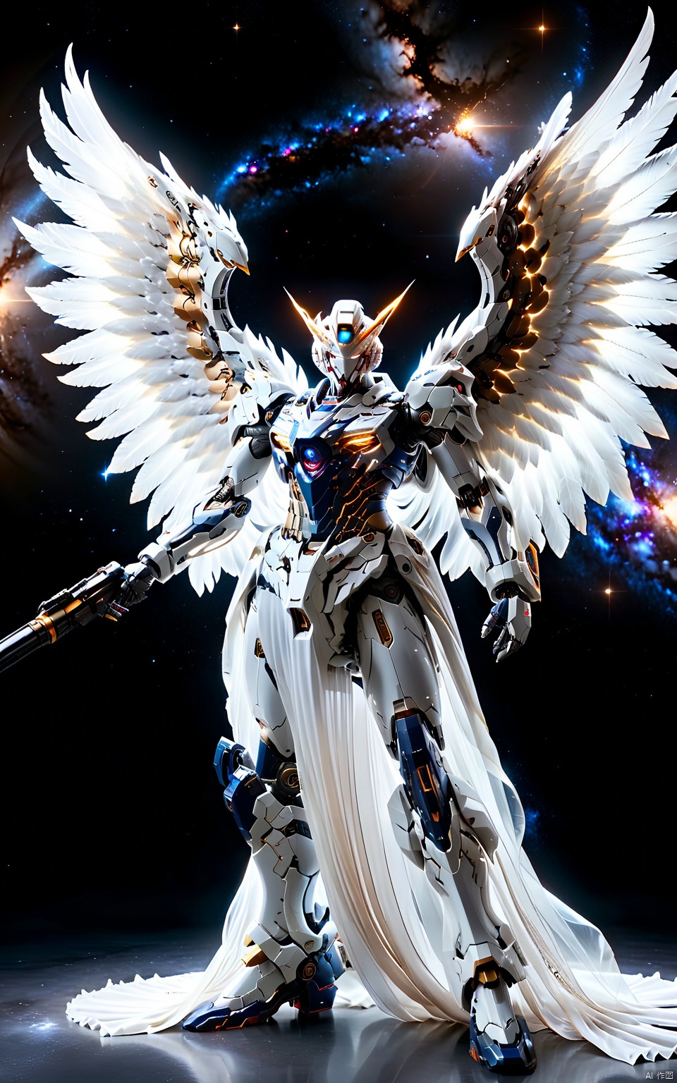  (masterpiece),(best quality),(galaxy nebula stardust dark sandstorm swirling),Detailed,crazy details,Dynamic Angle,Combat action,fighting_stance,full body, Gundam adopts an extremely futuristic streamlined design, making the entire model more smooth and natural.
a (mecha) with sleek and menacing design, 
Gundam,solo, Metal mecha,sidelighting,standing, weapon,gun,clenched_hands,shield,no_humans, glowing, robot,glowing_eyes, 3d model,futuristic technology,mechanical,science fiction,Streamlined design,Armor,Beam rifle,
4K,Official art, unit 8 k wallpaper, beautiful and aesthetic, masterpiece, best quality, full body Still life photography, long exposure, studio environment, super detail, metal texture and tension composition, super realistic, C4D, OC rendering, 3D, super HD16k, super wide angle, wielding a futuristic assault rifle, wielding a futuristic sniper rifle, light master, ((cyborg dress and mechanic elements)),HKMECHA,Angel wings