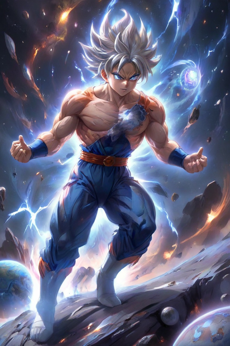Goku,  ultra instinct saiyan,  on a cosmic planet on Tensor.Art