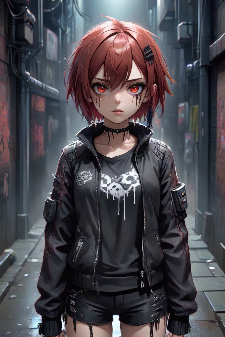 anime teenage girl on a cyberpunk bacstreet alley,  teary eyes,  teenage outfit on Tensor.Art