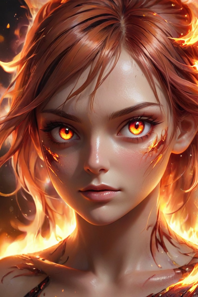 RAW photo of an . Woman,  24 years old,  a macro-close-up of a woman's face with fire on her face on Tensor.Art