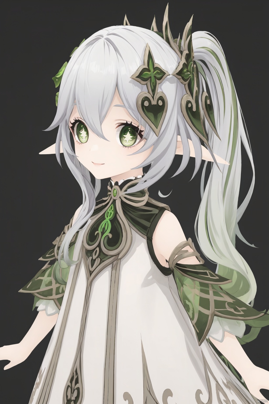 nahida, cross-shaped pupils, 1girl, nahida \(genshin impact\), solo, green eyes, looking at viewer, hair between eyes, hair ornament, symbol-shaped pupils, pointy ears, side ponytail, bangs, simple background, long hair, gradient hair, sidelocks, multicolored hair, smile, black background, detached sleeves, grey hair, white hair, short sleeves, white dress