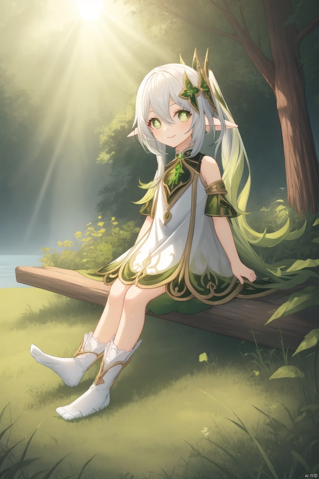 nahida, cross-shaped pupils, 1girl, nahida \(genshin impact\), dress, green eyes, pointy ears, nature, white hair, smile, hair ornament, side ponytail, symbol-shaped pupils, multicolored hair, white dress, sitting, forest, long hair, braid, mushroom, closed mouth, looking at viewer, outdoors, gradient hair, toes, green hair, green sleeves, toeless legwear, sleeveless dress, detached sleeves, sleeveless, jewelry, bracelet, leaf hair ornament, feet, tree, stirrup legwear, cape, soles, solo, bangs, socks, bare shoulders, water, no shoes, green cape, full body, sunlight, toeless footwear, white socks, plant, hair between eyes, white footwear, grass, gold trim, female child