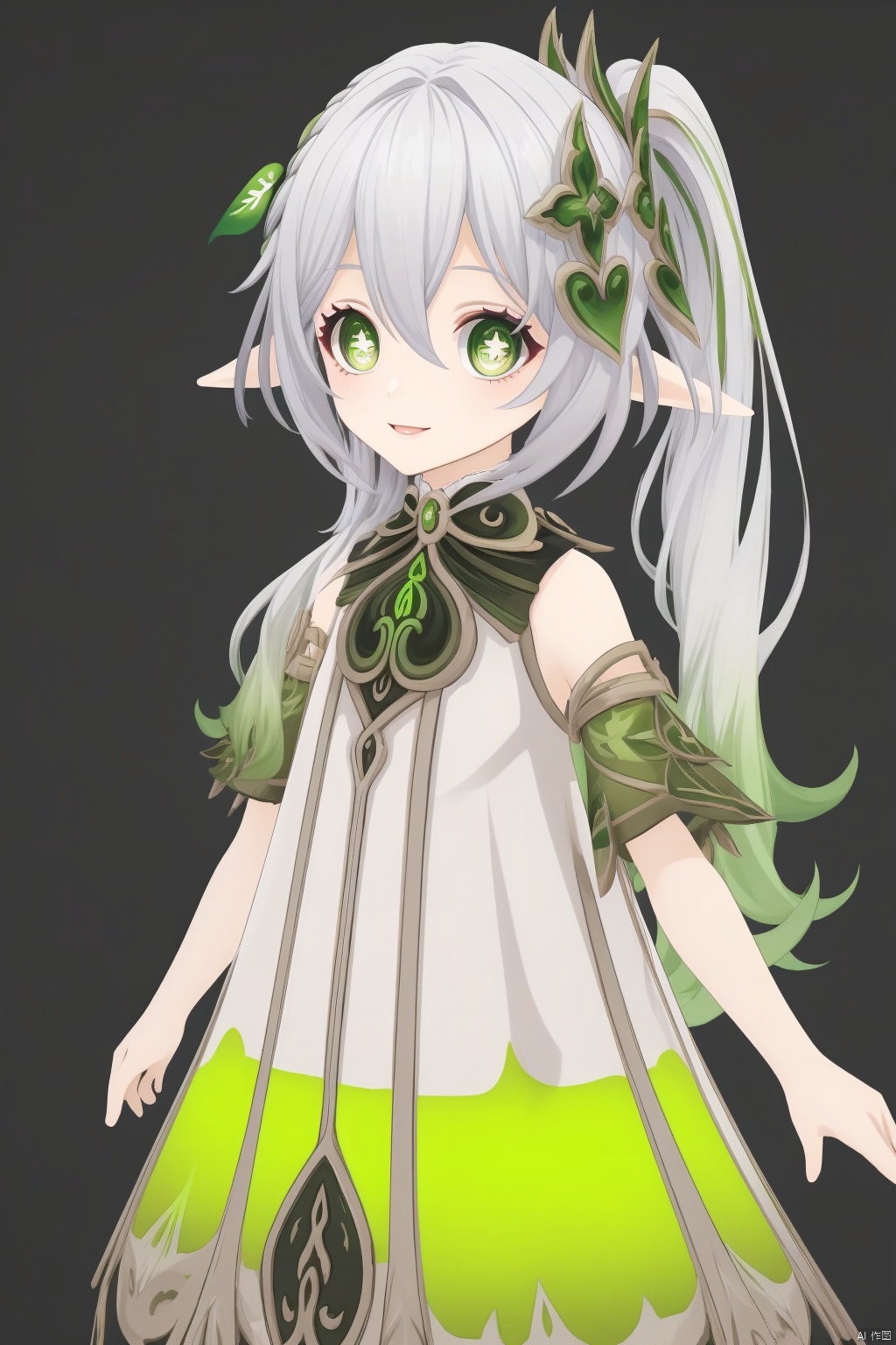 nahida, cross-shaped pupils, 1girl, nahida \(genshin impact\), solo, green eyes, looking at viewer, hair between eyes, hair ornament, symbol-shaped pupils, pointy ears, side ponytail, bangs, simple background, long hair, gradient hair, sidelocks, multicolored hair, smile, black background, detached sleeves, grey hair, white hair, short sleeves, white dress