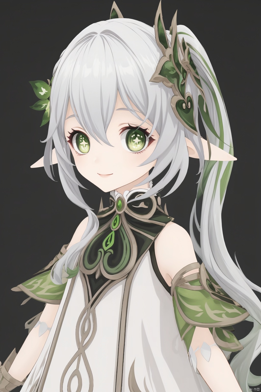 nahida, cross-shaped pupils, 1girl, nahida \(genshin impact\), solo, green eyes, looking at viewer, hair between eyes, hair ornament, symbol-shaped pupils, pointy ears, side ponytail, bangs, simple background, long hair, gradient hair, sidelocks, multicolored hair, smile, black background, detached sleeves, grey hair, white hair, short sleeves, white dress
