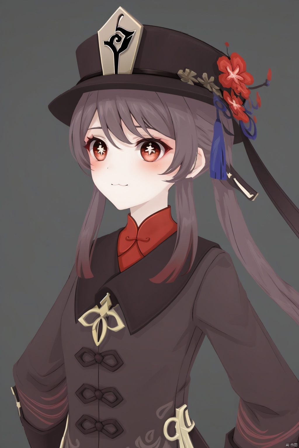 hu tao, plum shaped pupil, 1girl, hu tao \(genshin impact\), solo, hat, brown hair, :3, red eyes, looking at viewer, twintails, long hair, white background, flower, symbol-shaped pupils, simple background, blush, hat flower, bangs, smile, black headwear, closed mouth, upper body, hair between eyes, watermark