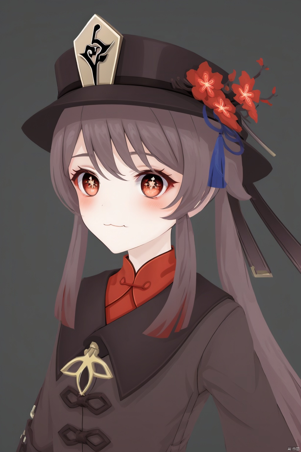 hu tao, plum shaped pupil, 1girl, hu tao \(genshin impact\), solo, hat, brown hair, :3, red eyes, looking at viewer, twintails, long hair, white background, flower, symbol-shaped pupils, simple background, blush, hat flower, bangs, smile, black headwear, closed mouth, upper body, hair between eyes, watermark